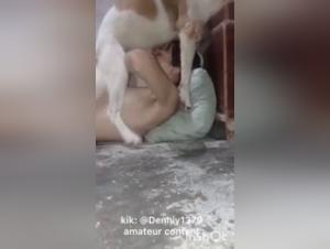 Teenage girl and dog in bestiality sex scene
