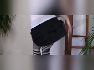 Hard fuck with a dog for a tall brunette in striped stockings