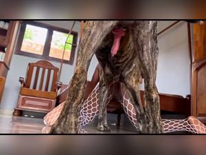 Sexy Girl Plays with Lactating Dog at Her Knees