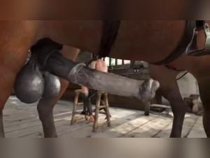 Bestiality: a woman and a horse with a strapon