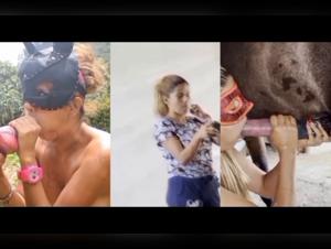 Woman gets milked by horse and dog